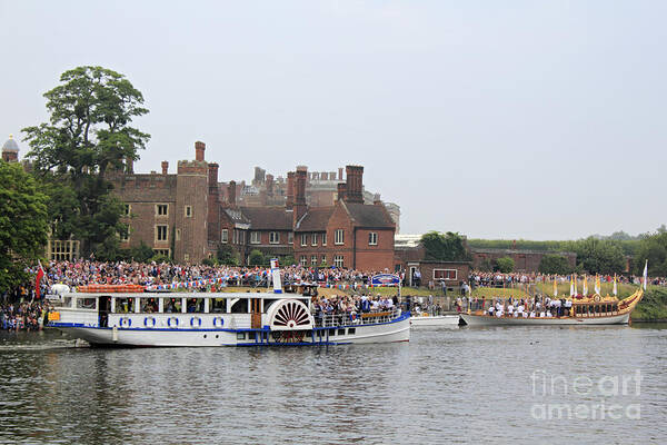 The Olympic Torch Boat Gloriana Barge Hampton Court Poster featuring the photograph The Olympic Torch leaves Hampton Court on the final leg of its j #2 by Julia Gavin