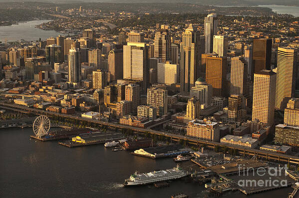 Elliott Bay Poster featuring the photograph Aerial view of Seattle Skyline along waterfront #3 by Jim Corwin