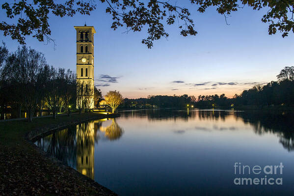 Bench Poster featuring the photograph Furman University Bell Tower at Sunset Greenville SC #1 by Willie Harper