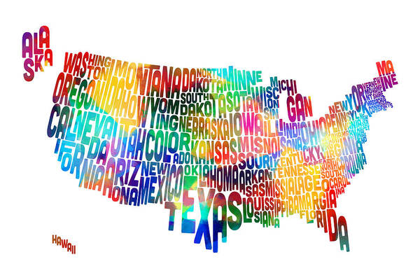 Usa Map Poster featuring the digital art United States Typography Text Map #3 by Michael Tompsett