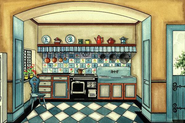 Kitchen Poster featuring the digital art A Blue Kitchen With A Tiled Floor by Laurence Guetthoff