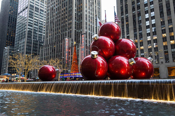 Christmas Card Poster featuring the photograph A Christmas Card from New York City - Radio City Music Hall and the Giant Red Balls by Georgia Mizuleva