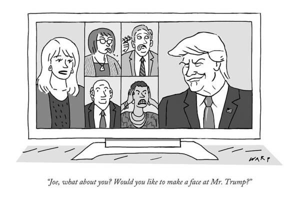 Newscasters Poster featuring the drawing A Screen Split Between Trump And Five Pundits by Kim Warp