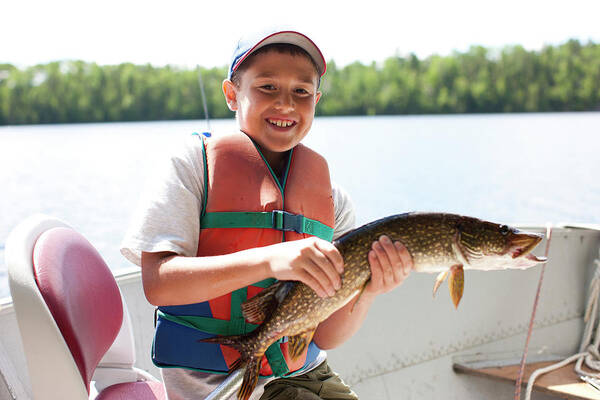 10-11 Years Poster featuring the photograph A Young Boy Holds A Northern Pike by David Ellis