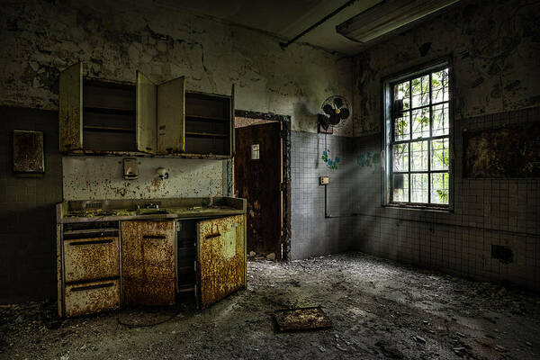 Spooky Places Poster featuring the photograph Abandoned building - Old asylum - Open cabinet doors by Gary Heller