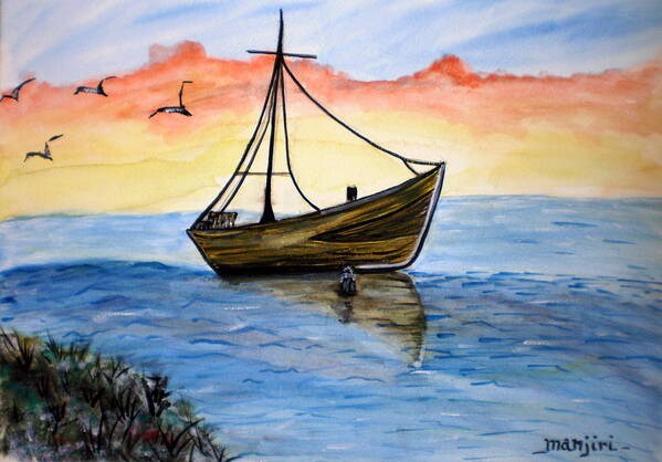 Boat Poster featuring the painting Adrift-A boat painting by Manjiri Kanvinde