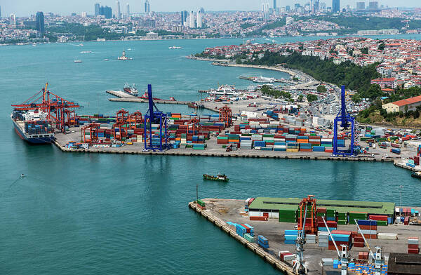 Istanbul Poster featuring the photograph Aerial View Of Container Port And Ship by Omersukrugoksu