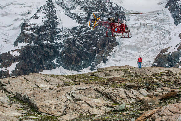 Full Length Poster featuring the photograph Air Zermatt Rescue Helicopter Picking by Thomas Bekker