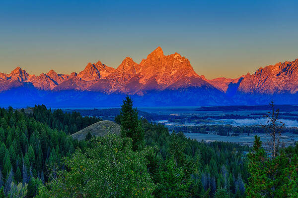 Tetons Poster featuring the photograph Alpenglow Across The Valley by Greg Norrell