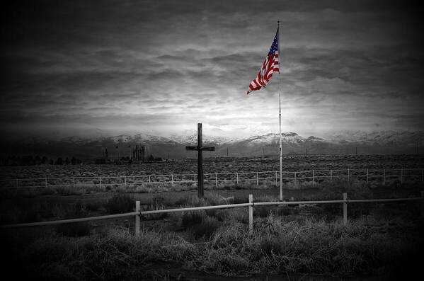 American Flag Poster featuring the photograph American Flag with Cross by Scott McGuire