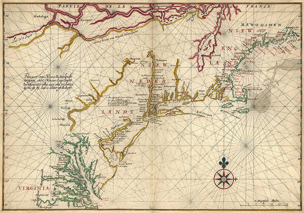 Mid Atlantic Poster featuring the drawing Antique Map of Colonial America by Joan Vinckeboons - circa 1639 by Blue Monocle