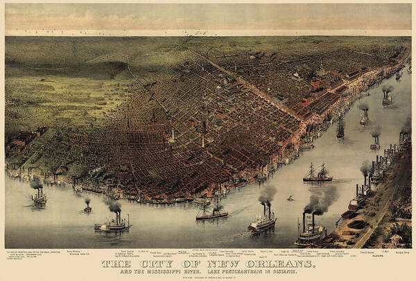 New Orleans Poster featuring the drawing Antique Map of New Orleans by Currier and Ives - circa 1885 by Blue Monocle