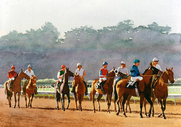 Horse Racing Poster featuring the painting Approaching the Starting Gate by Mary Helmreich