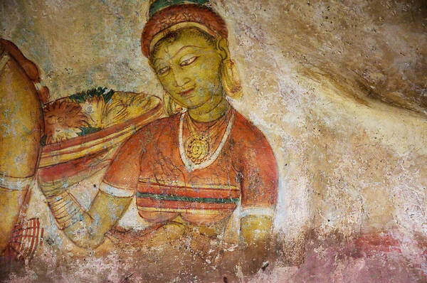 Sri Lanka Poster featuring the photograph Apsara with Flowers. Sigiriya Cave Fresco by Jenny Rainbow