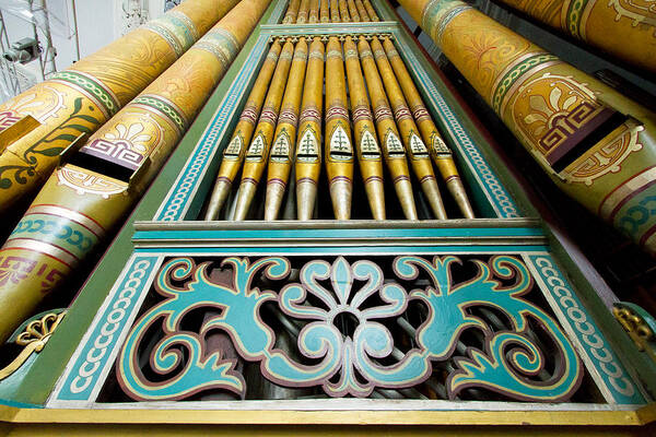 Pipes Poster featuring the photograph Aqua to gold organ pipes by Jenny Setchell