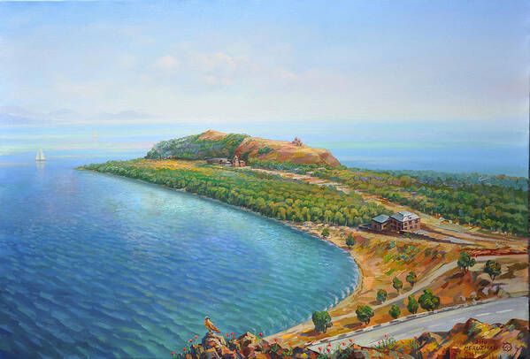 Lake Sevan Poster featuring the painting Armenian lake Sevan by Meruzhan Khachatryan