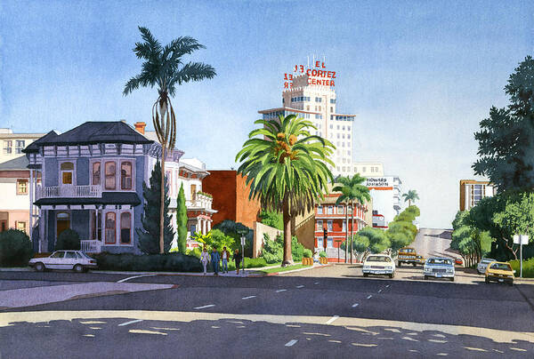 San Diego Poster featuring the painting Ash and Second Avenue in San Diego by Mary Helmreich