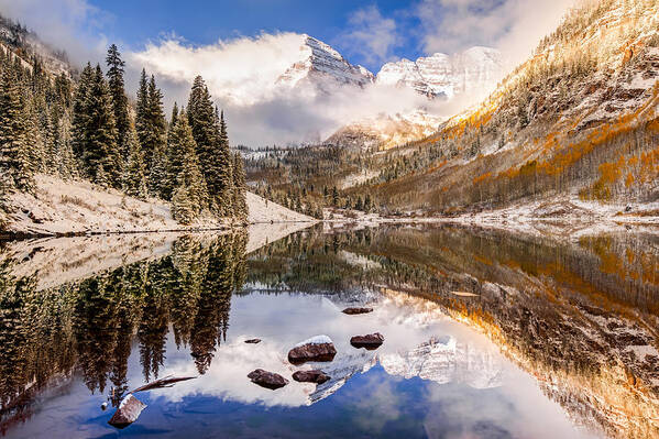 America Poster featuring the photograph Aspen Colorado's Maroon Bells with Rocks by Gregory Ballos