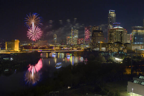 Austin New Year Images Poster featuring the photograph Fireworks over the Austin Skyline 1 by Rob Greebon