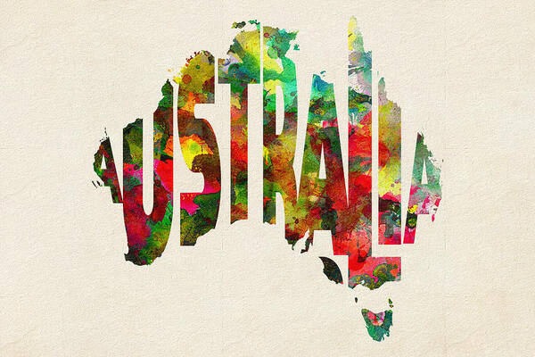 Australia Poster featuring the painting Australia Typographic Watercolor Map by Inspirowl Design