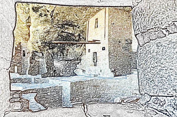 Mesa Verde Poster featuring the digital art Balcony House Window View at Mesa Verde National Park Anasazi Ruins Colored Pencil by Shawn O'Brien