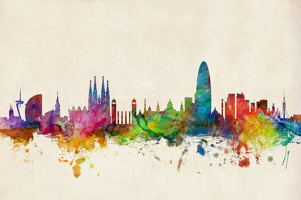 Barcelona Poster featuring the digital art Barcelona Spain Skyline by Michael Tompsett