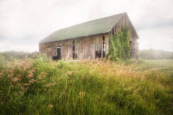Misty Barn Poster featuring the photograph Barn in a misty field by Gary Heller