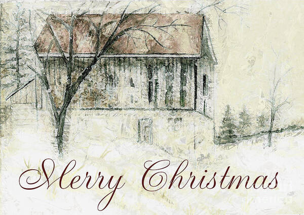 Barn Poster featuring the mixed media Barn in Snow Christmas Card by Claire Bull