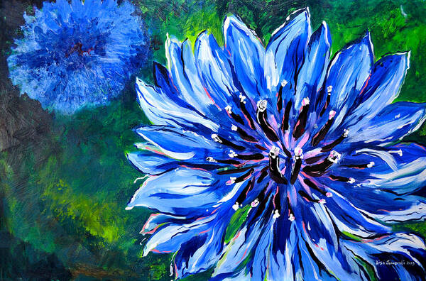 Blue Poster featuring the painting Batchelor Button Flower by Lisa Jaworski