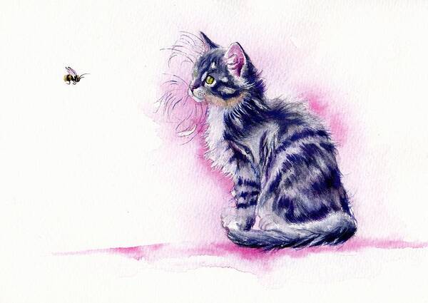 Cats Poster featuring the painting Bee-guiled - Tabby Kitten by Debra Hall