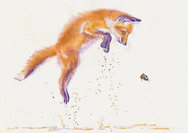 Foxes Poster featuring the painting Bee Naive - Leaping Fox Cub by Debra Hall