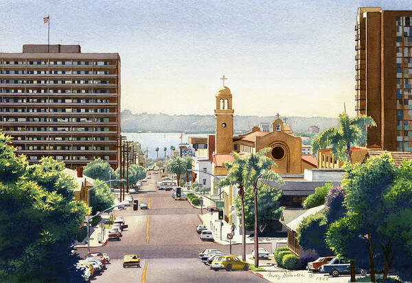 Beech Poster featuring the painting Beech Street in San Diego by Mary Helmreich
