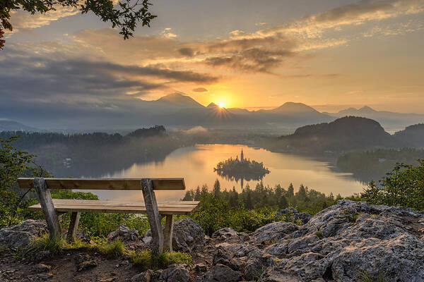 Lake Poster featuring the photograph Bench with a view by Robert Krajnc