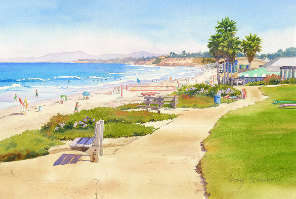 Beach Poster featuring the painting Benches at Powerhouse Beach Del Mar by Mary Helmreich