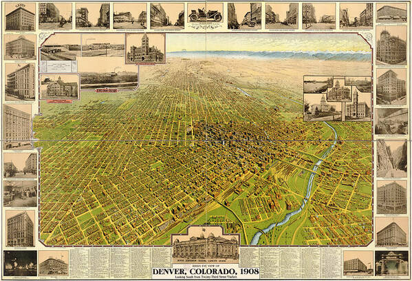 Map Poster featuring the drawing Birdseye Map of Denver Colorado - 1908 by Eric Glaser