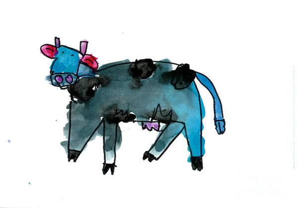 Cow Poster featuring the painting Blue Cow by Andrew Yap Age Six