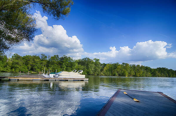 Boat Poster featuring the photograph Boats At Dock On A Lake With Blue Sky by Alex Grichenko