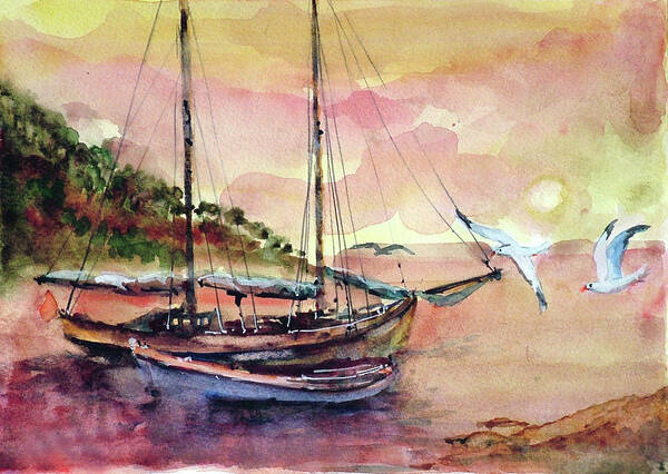 Boats Poster featuring the painting Boats in Sunset by Faruk Koksal