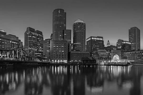 Boston Poster featuring the photograph Boston Skyline Seaport District BW by Susan Candelario