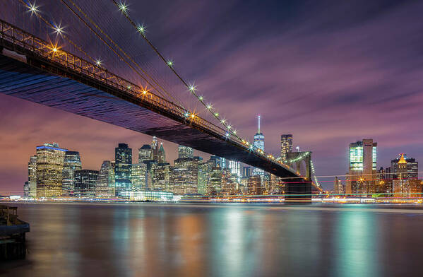 Brooklyn Poster featuring the photograph Brooklyn Bridge At Night by Michael Zheng