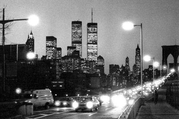 1980s Poster featuring the photograph Brooklyn Bridge traffic II dusk 1980s by Gary Eason