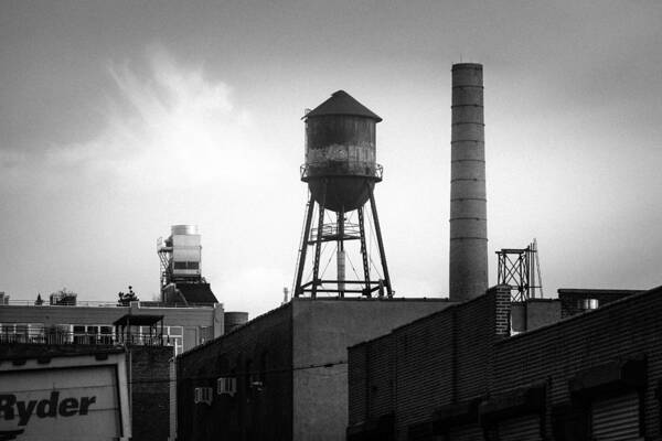 Industrial Chic Poster featuring the photograph Brooklyn Water Tower and SmokeStack - Black and White Industrial Chic by Gary Heller
