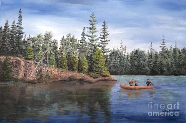 Landscape Poster featuring the painting Canoeing with Dad by J O Huppler
