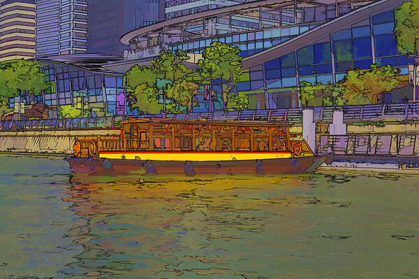 Action Poster featuring the digital art Cartoon - Colorful river cruise boat in Singapore by Ashish Agarwal