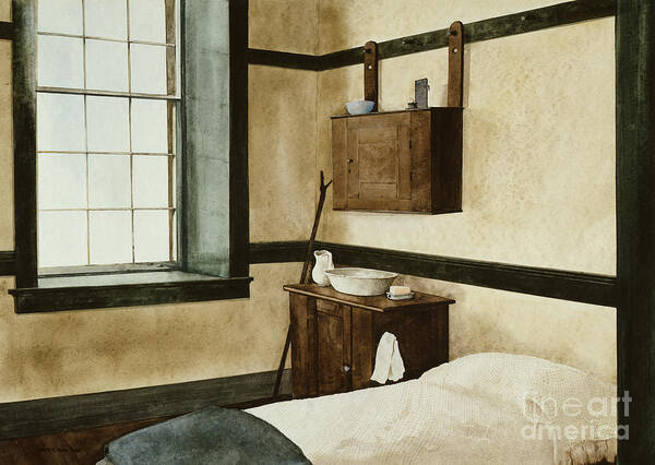 The Interior Of One Of The Bedrooms In The Center Family Dwelling At The Pleasant Hill Shaker Village In Kentucky. Poster featuring the painting Celibate by Monte Toon