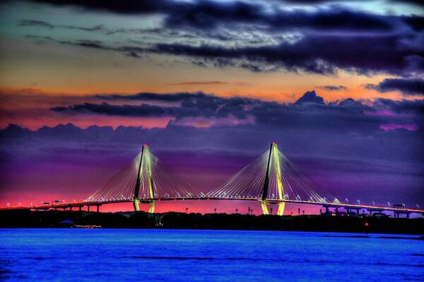 Charleston Poster featuring the photograph Charleston Bridge Nightfall by Robbie Bischoff