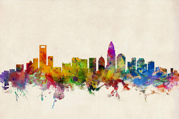 Watercolour Poster featuring the digital art Charlotte North Carolina Skyline by Michael Tompsett