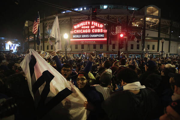 American League Baseball Poster featuring the photograph Chicago Cubs Fans Gather To Watch Game by Scott Olson