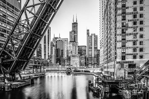 America Poster featuring the photograph Chicago Kinzie Railroad Bridge Black and White Photo by Paul Velgos