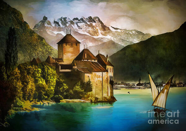 Castle Poster featuring the painting Chillon Castle by Andrzej Szczerski